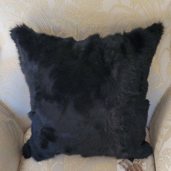 Natural Genuine Rabbit Fur Pillow - Set of 2 - 18" x 18" - Black - Picture 2 of 8